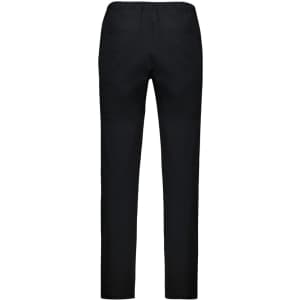 A pair of black chef pants with a flexible waistband and two back pockets. Features a logo on the waistband.