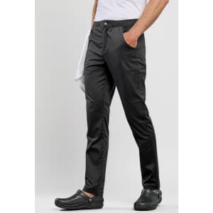 Men's chef pants in black, featuring an elastic waistband and side pockets, designed for comfort and mobility.