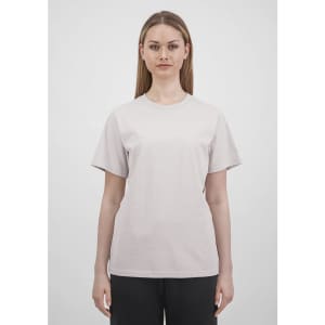 A light grey women's short sleeve tee with a classic crew neck and a logo on the chest.