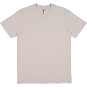 A light beige men's short sleeve t-shirt with a simple design and a logo on the front.