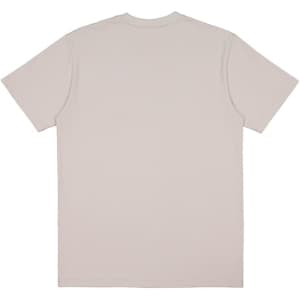 A plain beige short sleeve T-shirt with a straight cut and a simple design, featuring a logo on the back.