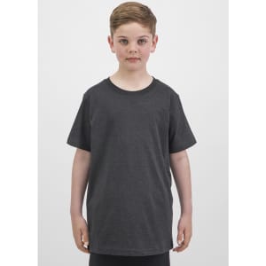 A dark grey short sleeve tee is displayed on a child, featuring a simple design and relaxed fit.