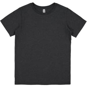 A dark grey short sleeve tee with a classic crew neck design and a logo on the label.