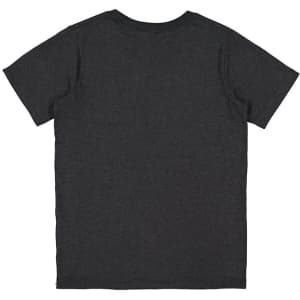A dark grey short sleeve t-shirt with a plain back design. It has a logo on the back.