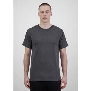 A grey short sleeve men’s tee worn by a model, featuring a simple design and no visible logos.