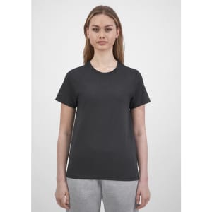 A black women's short sleeve tee with a classic fit, featuring a simple design and a logo.