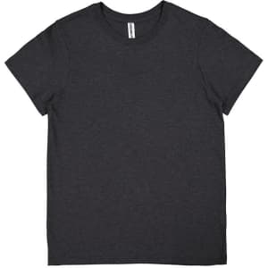 A women's short sleeve tee in dark grey, featuring a simple design and a logo on the label.