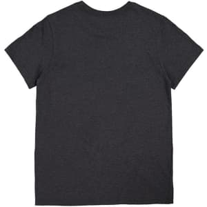 A dark grey women's short sleeve t-shirt featuring a plain back design and a logo.