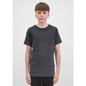 A youth short sleeve tee in charcoal grey, featuring a simple design and a branding logo.