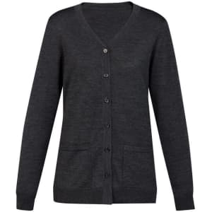 A dark grey women's button front knit cardigan featuring a v-neck and pockets.