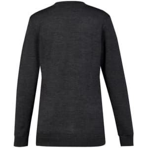A dark grey women's button front knit cardigan with long sleeves and a rounded neckline. The back view shows a simple design.