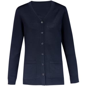 A navy blue women's button front knit cardigan with a v-neck and two front pockets. It has a logo on the design.