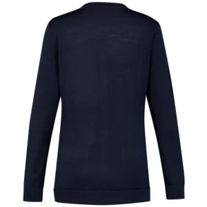 A navy women's button front knit cardigan with long sleeves and a ribbed hem. Features a logo on the back.