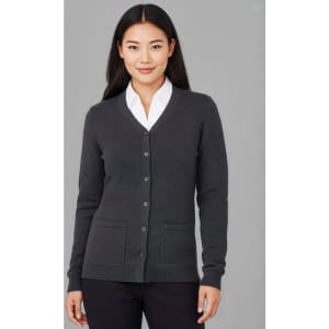A women's dark grey button-front knit cardigan with two front pockets and a V-neckline.