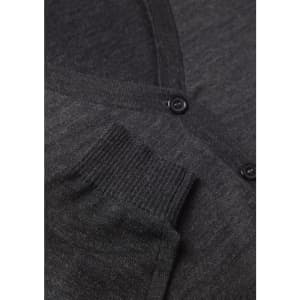 A grey women's button front knit cardigan featuring a pocket and button detail. It includes a logo.