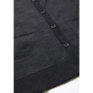 A dark charcoal knit cardigan featuring a button front and two front pockets. The fabric appears soft and textured.