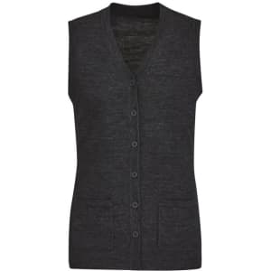A sleeveless, button-front knit vest in dark grey, featuring two front pockets and a V-neckline.