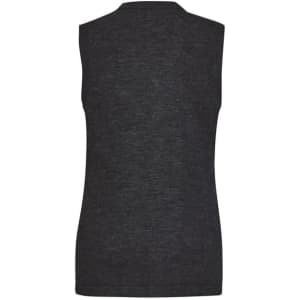A black, sleeveless knit vest featuring a button front and simple design. The vest has a logo on the back.