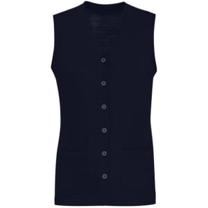 A women's navy button front knit vest with a v-neck and two front pockets. Features a logo on the fabric.