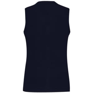 A navy blue women's button front knit vest with a sleeveless design and a simple, clean back.