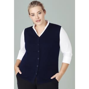 A navy blue women's button front knit vest with two pockets, worn over a white shirt.
