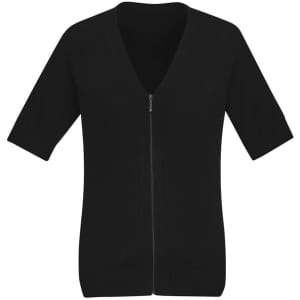 A black zip front short sleeve knit cardigan with a V-neck design. Features a fitted silhouette and ribbed hem.
