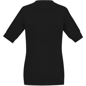 A black women's zip front short sleeve knit cardigan, featuring a simple design and ribbed hem detail.