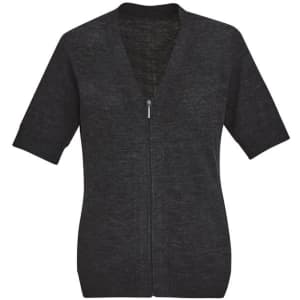 A dark grey women's zip front short sleeve knit cardigan with a relaxed fit. It features a v-neck design and short sleeves.