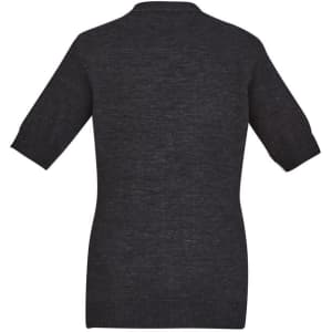 A dark grey women's zip front short sleeve knit cardigan with a relaxed fit and ribbed details.