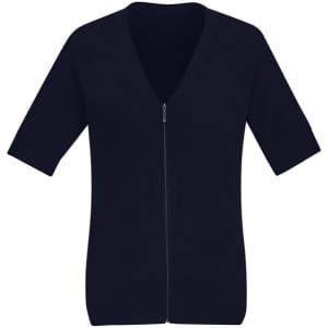 A navy short sleeve knit cardigan with a zip front and a V-neck design. It features a fitted hem and short sleeves.