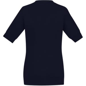 A navy women's zip front short sleeve knit cardigan with a fitted silhouette and cuffed sleeves.