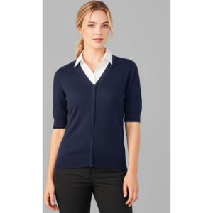 A navy zip front short sleeve knit cardigan, featuring a fitted design and a simple collar.