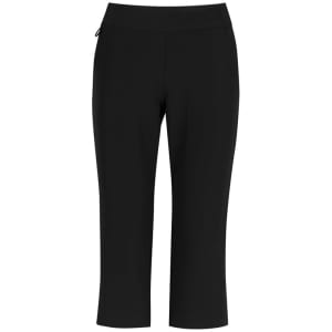 A pair of black 3/4 length stretch pants designed for women, featuring a fitted waistband and a side logo.