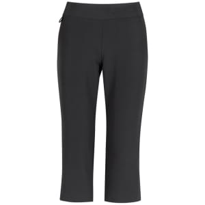 A pair of black 3/4 length stretch pants with a waistband and side pocket, featuring a logo on the waistband.