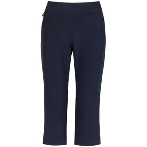 A pair of navy women's 3/4 length stretch pants with a fitted waistband and a small logo.