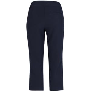 A pair of women's 3/4 length stretch pants in navy blue, featuring a back pocket and a simple design.
