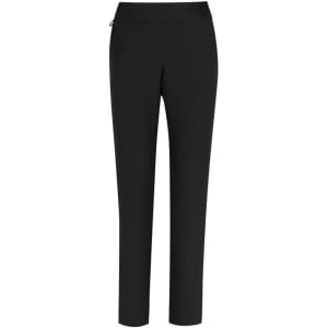 A pair of black stretch pants with a slim fit and an elastic waistband, featuring a logo.