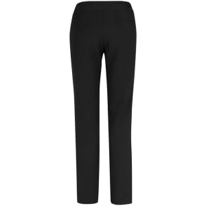 A pair of black stretch pants with a sleek design and rear pockets, featuring a logo on the waistband.