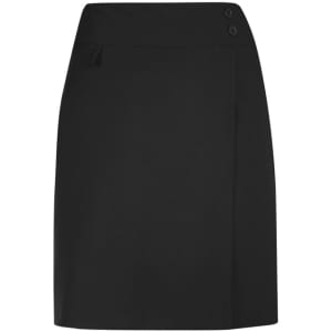 A black women's comfort waist skort featuring a wrap design and button details. It includes a logo.