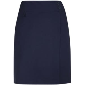 A navy women's skort featuring a side button detail and a clean, structured design.