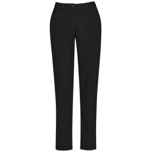 A pair of black slim leg pants with a comfort waist, featuring pockets and a button closure.