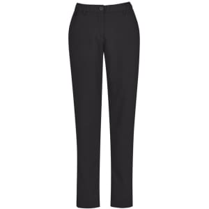 Slim leg pant in black, featuring a comfort waist design and pockets, showcased against a plain background.