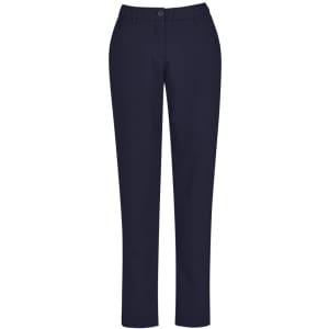 A pair of slim leg pants in navy blue, featuring a comfort waist design and front pockets.