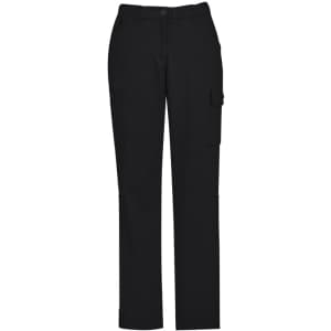 Black women's cargo pants featuring a comfortable waist and multiple pockets. The design includes a logo.