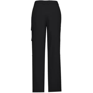 Black women's comfort waist cargo pants with side pockets and a simple design, featuring a logo on the waistband.