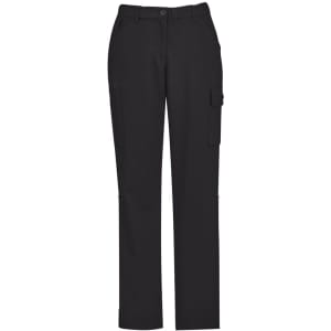 A pair of women's black cargo pants featuring comfort waist and multiple pockets. The pants have a logo.