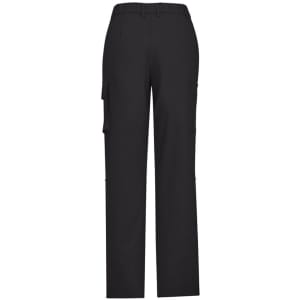 A pair of black women's cargo pants featuring a comfort waist design and side pockets. Includes a logo.
