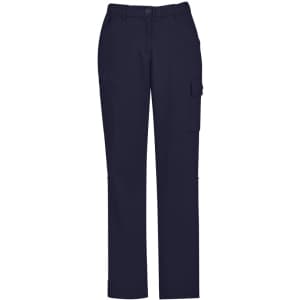 A pair of women's navy comfort waist cargo pants with multiple pockets and a branded label.