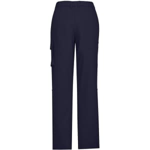 Navy women's cargo pants featuring a comfort waist and multiple pockets, with a logo on the back.