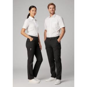 Men's cargo pants in black displayed on a male model, paired with a white shirt. The design includes multiple pockets.